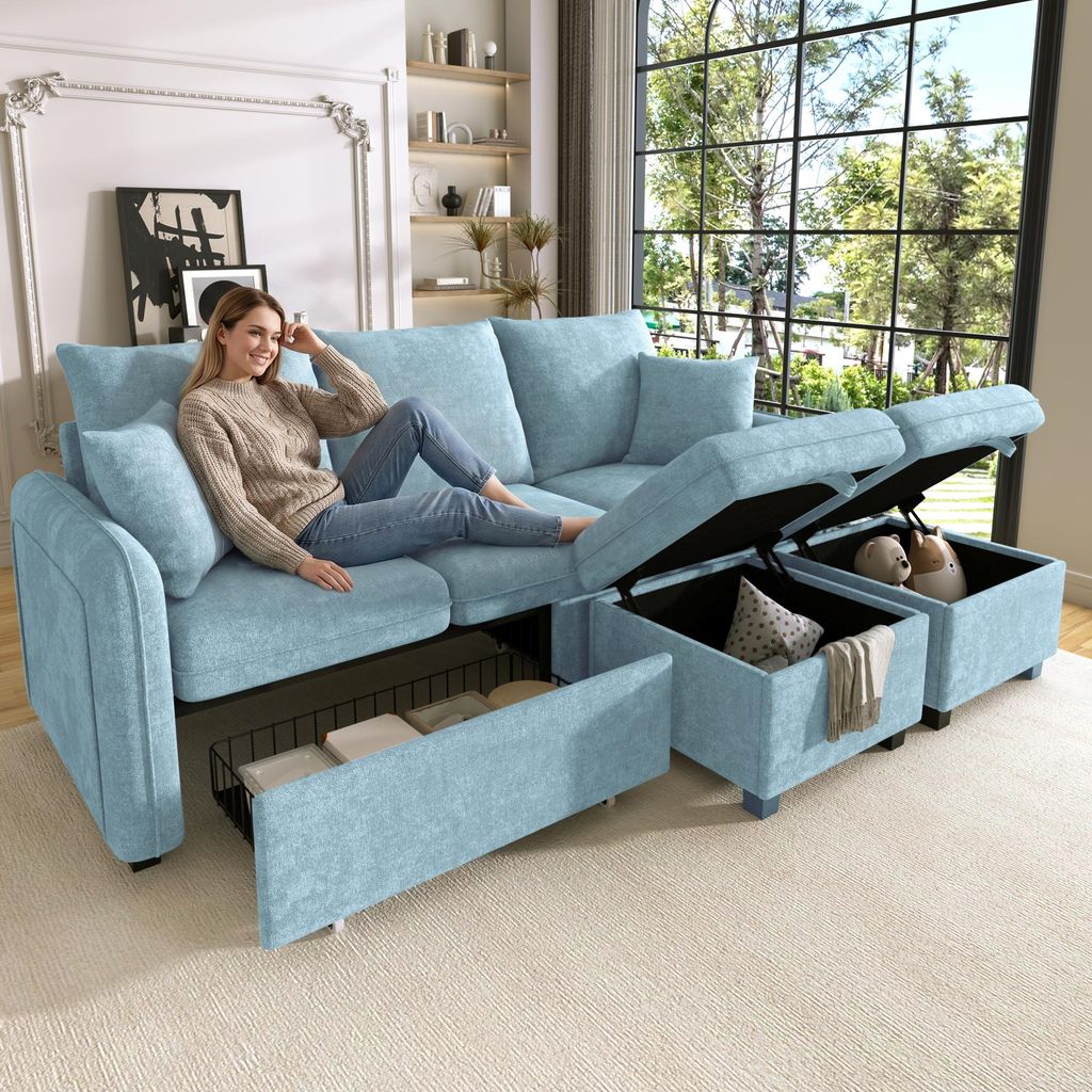 Merax Ecksofa U-Form mit Schlaffunktion und Stauraum, Produktbild 