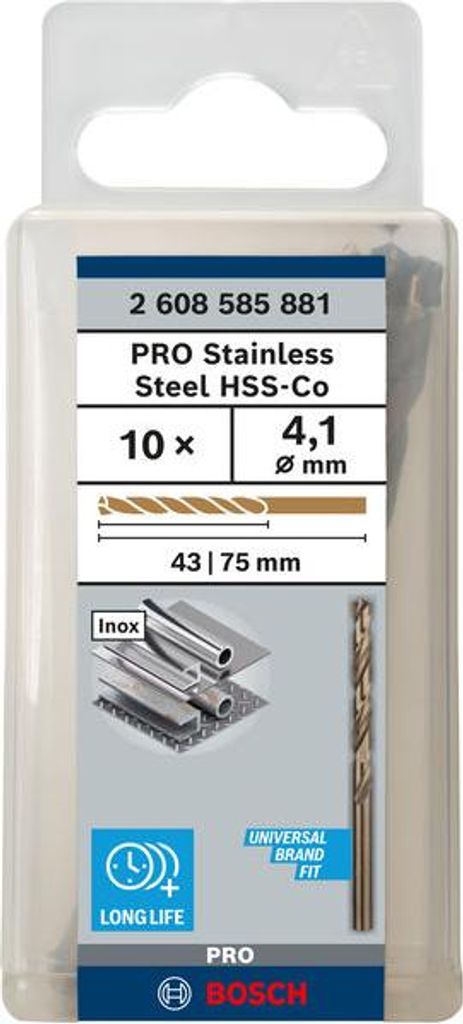 PRO Stainless Steel HSS-Co Spiralbohrer, 4,1 x 43 x 75 mm, 10-tlg.