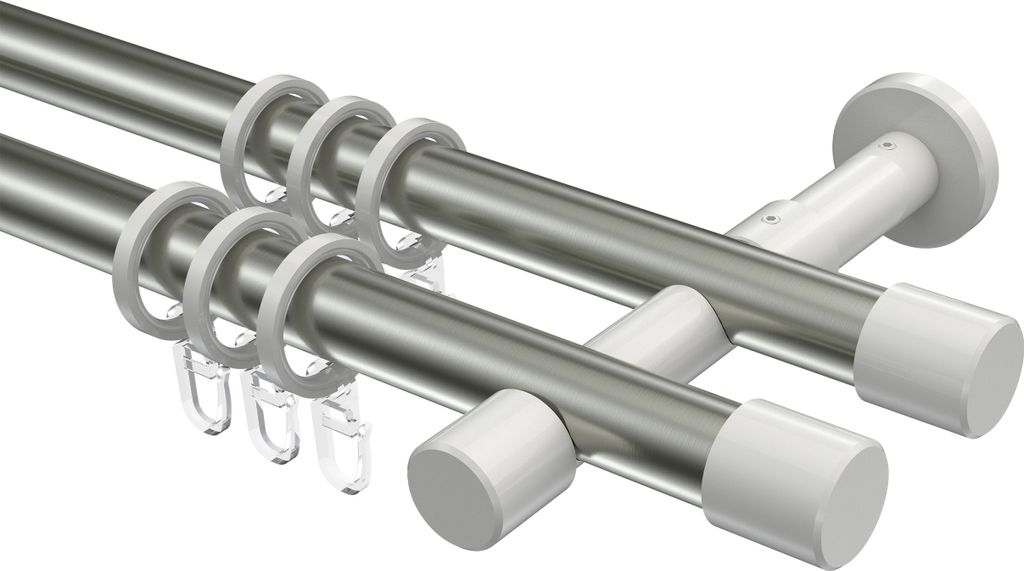 Interdeco Gardinenstange / Vorhangstange Edelstahl-Optik / Weiß, Typ Prestige Santo (Kappe), 20 mm Ø 2-läufig, 520 cm
