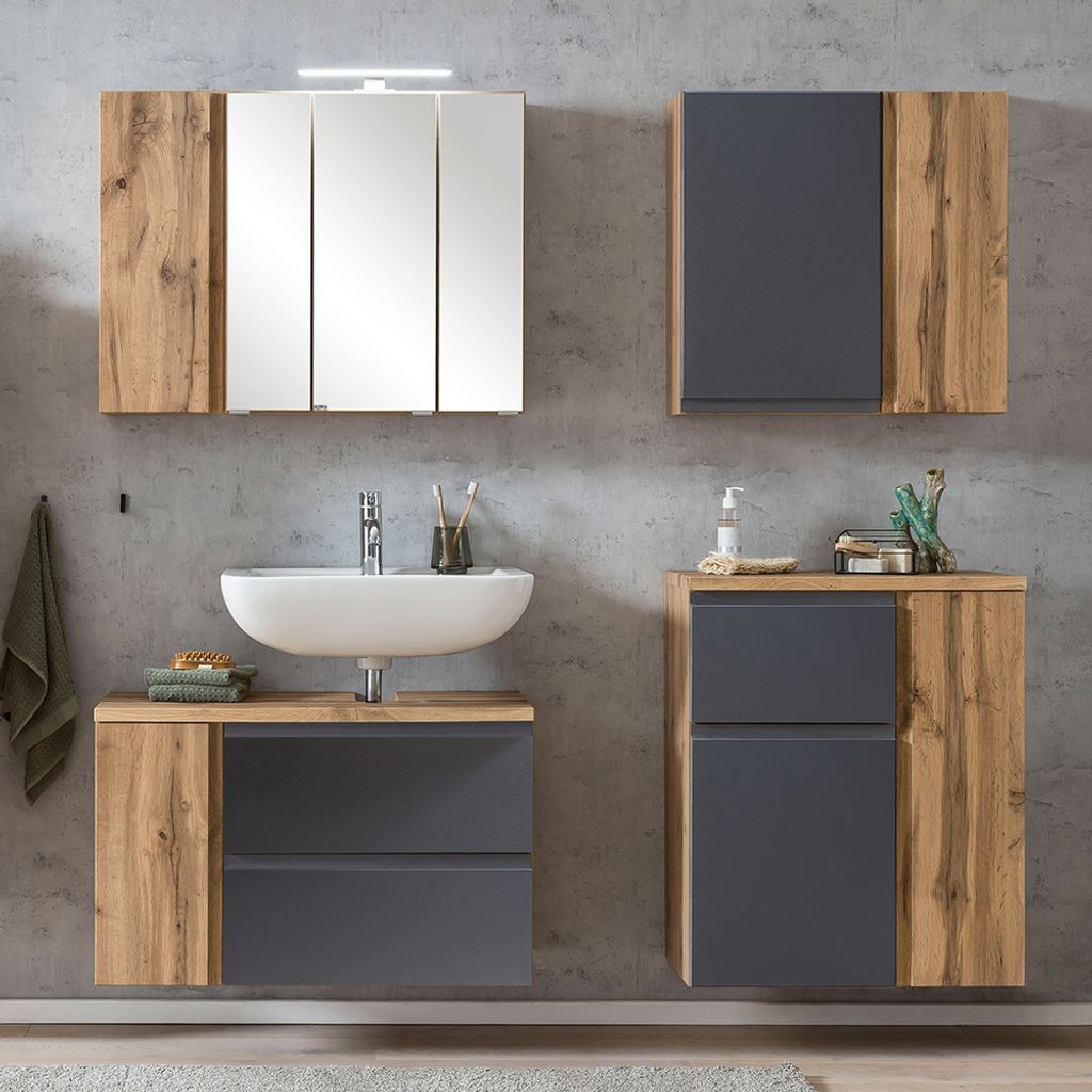 Badezimmer Set, stehend/hängend, in Wotan Eiche Nb. mit matt grau, VASTO-03-GREY, B/H/T ca. 165/200/35 cm