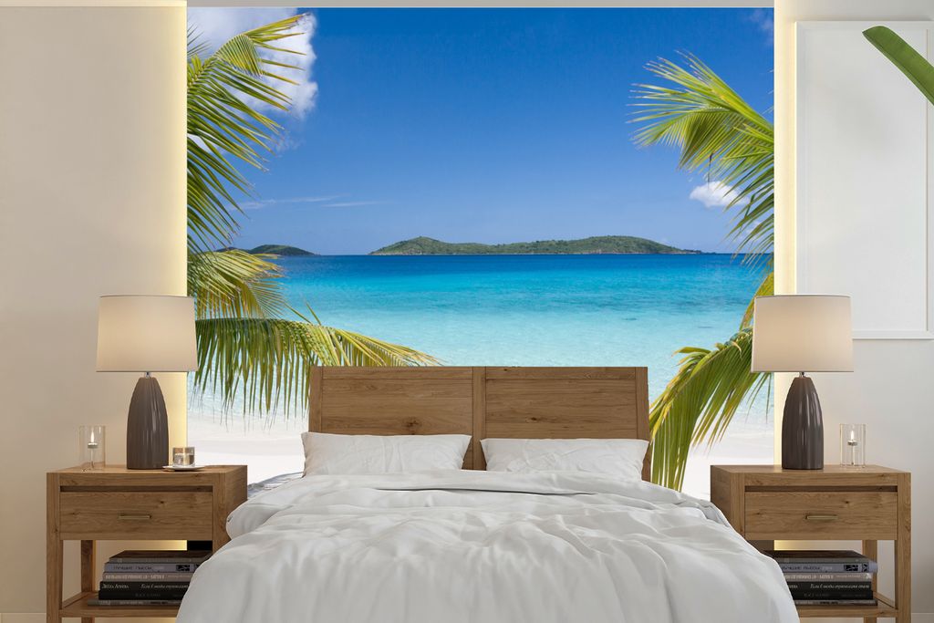 MuchoWow Fototapete für Wohnzimmer oder Schlafzimmer Wandtapete Vinyl Motivtapete Tropische Palmen am Strand - 350x350 cm - Schlafzimmertapete