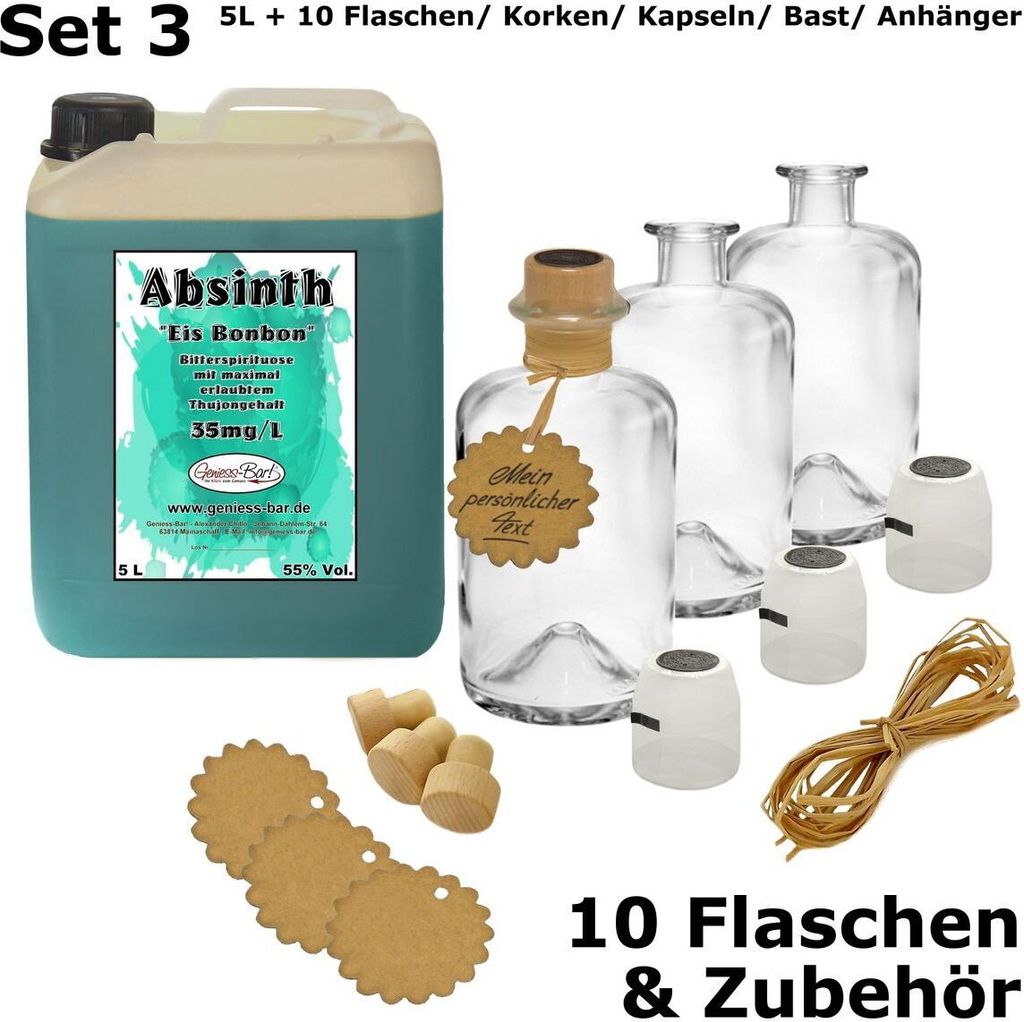 Absinth Arctic Blue 5L Eisbonbon inkl 10 Flaschen, Korken, Kapseln, Bast & Anhänger 55%Vol Mit max.erlaubten Thujon 35mg/L