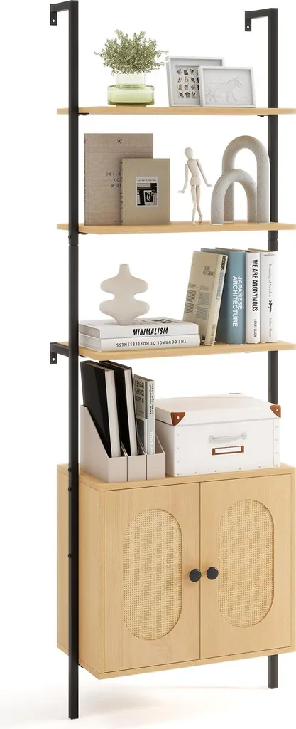 Bibliothèque échelle anti-basculement avec rangement fermé en rotin