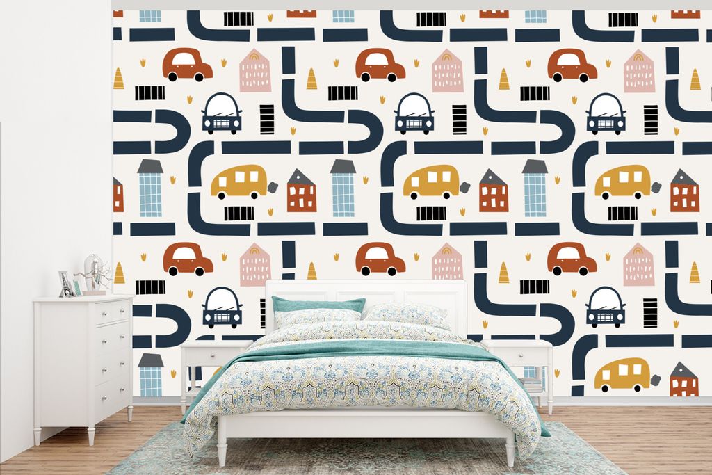 MuchoWow Fototapete für Wohnzimmer oder Schlafzimmer Wandtapete Vinyl Motivtapete Design - Jungen - Auto - Kinder - 345x220 cm - Wohnzimmertapete