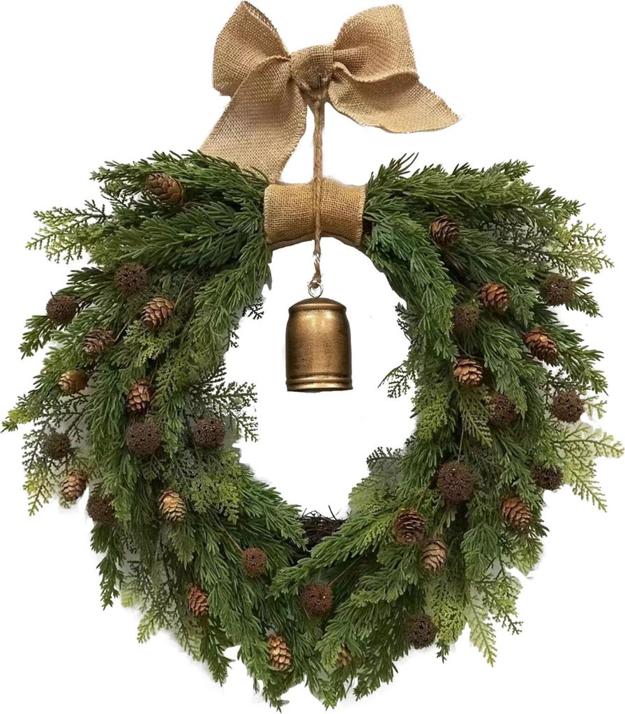 50 cm großer Weihnachtsglockenkranz, handgefertigte Leinenschleife, Naturmaterial-Wohndekoration