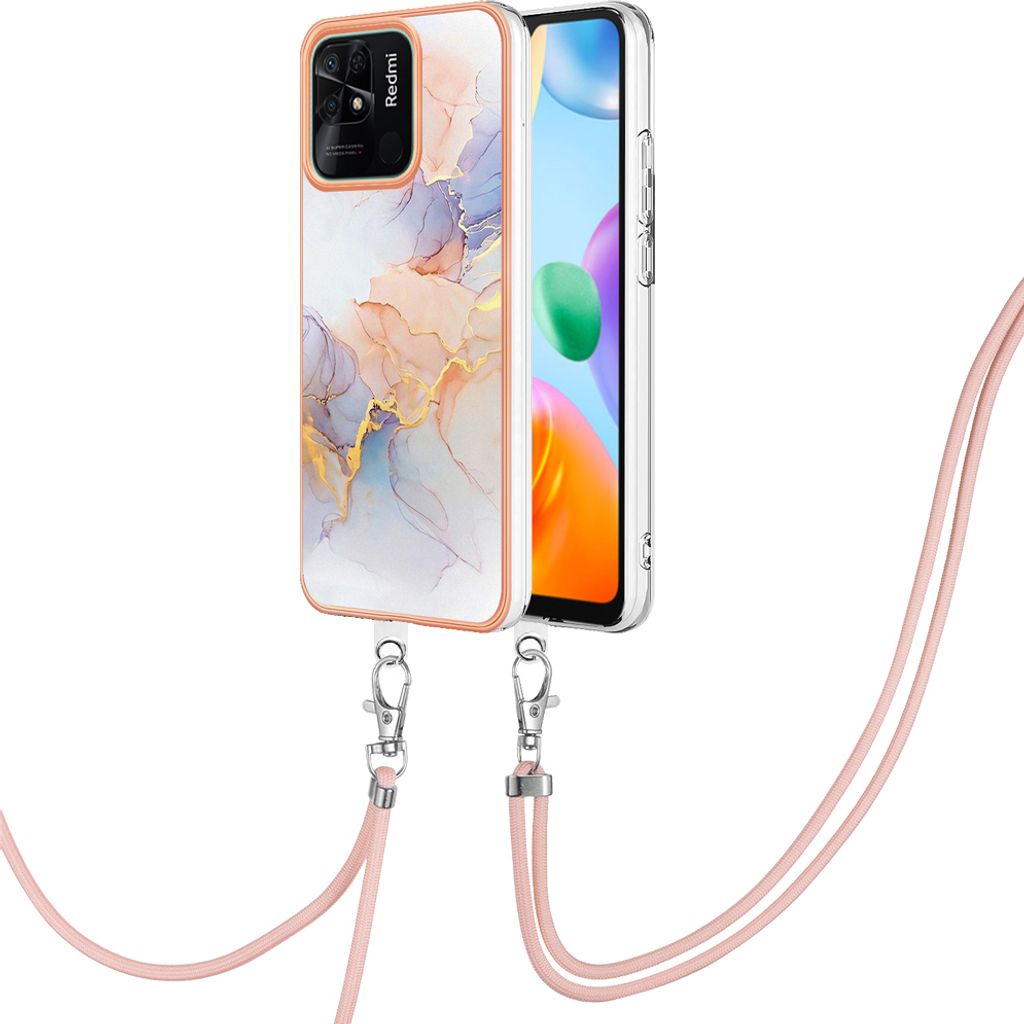 Handykette Hülle für Xiaomi Redmi 10C Muster TPU Schutzhülle mit verstellbarem Tragegurt Grau
