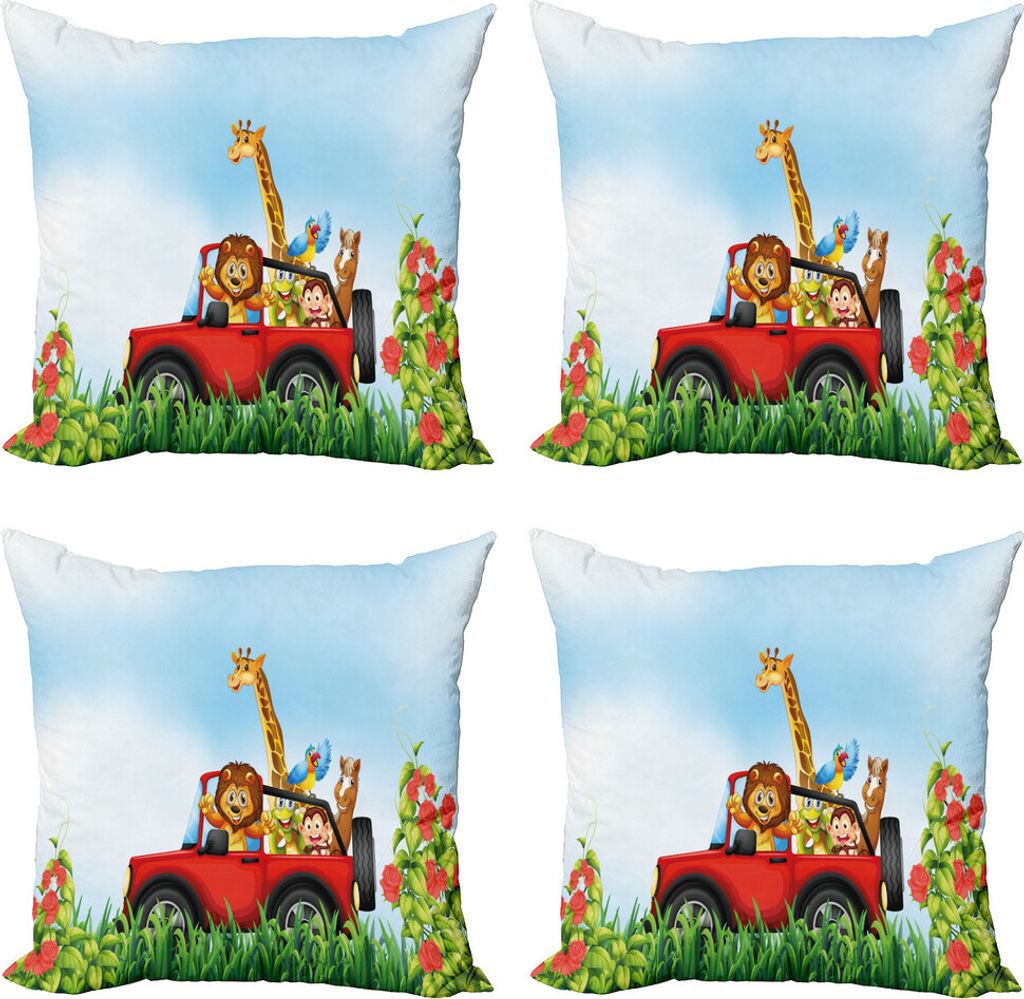 ABAKUHAUS Zoo Kissenbezug Set (4 Stück), Cartoon Wildlife Animals, Moderner Doppelseitiger Digitaldruck, 45 cm x 45 cm, Mehrfarbig