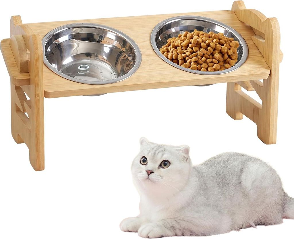 Hundenapf Erh?ht, Dog Bowl mit St?nder Aus Bambus, H?henverstellbare Futterbar Hund mit 2 Edelstahln?pfen, Futternapf Hund Erh?ht Bambus Station f...