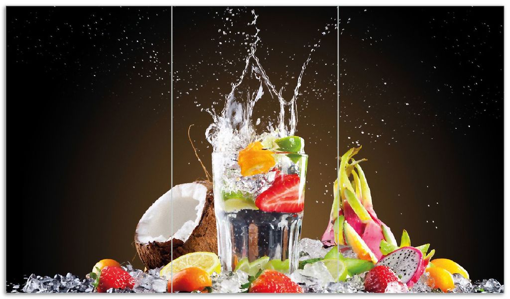 Wallario Herdabdeckplatte aus Glas, Größe 90 x 52 cm 3-teilig, Motiv Tropische Früchte in einem erfrischenden Drink