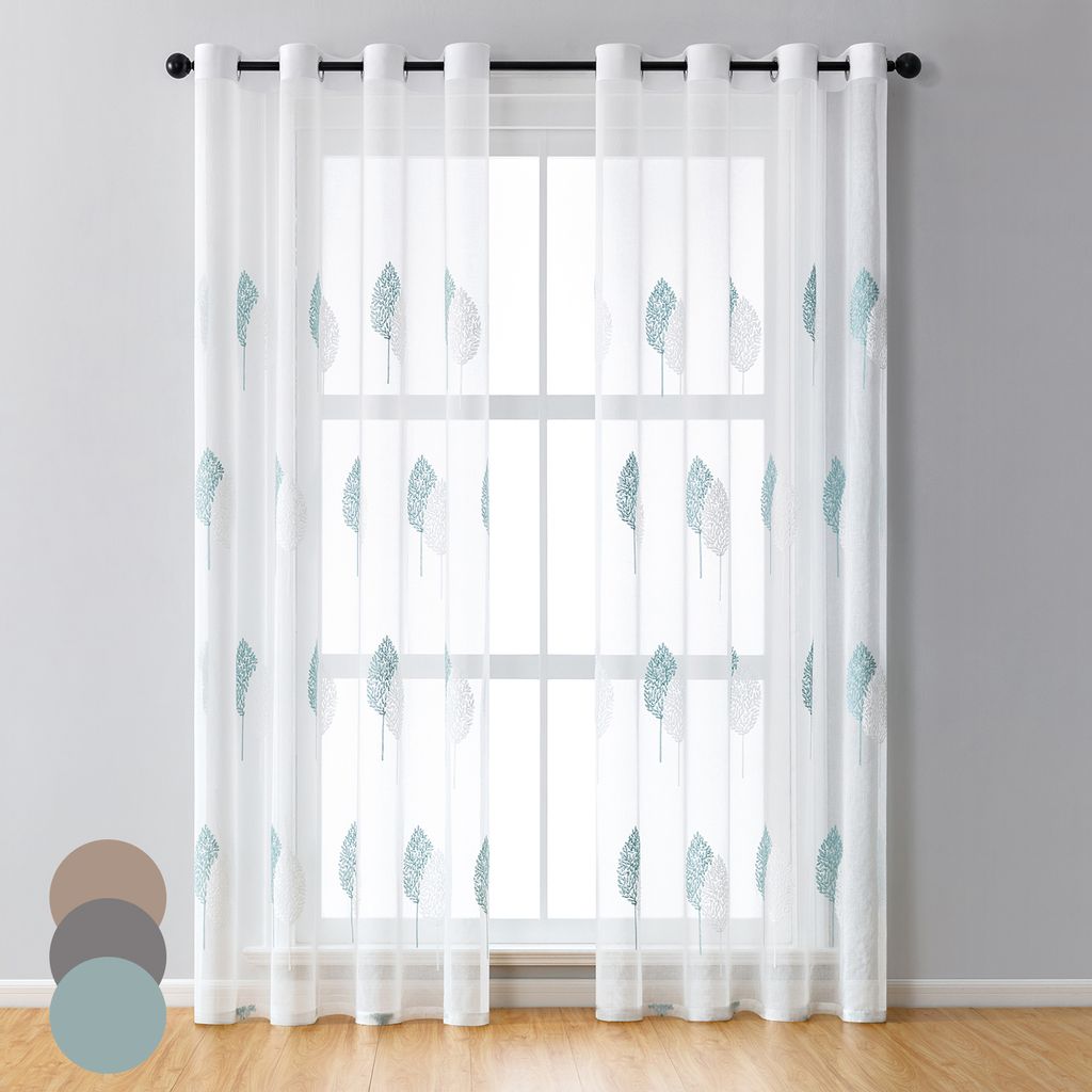 2er Set Vorhänge Transparent Voile Blattmuster Gardinen mit Ösen Dekoschal für Wohnzimmer Schlafzimmer, Blau, B140xH175cm
