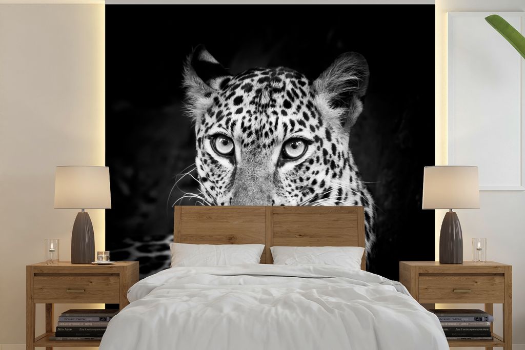 MuchoWow Fototapete für Wohnzimmer oder Schlafzimmer Wandtapete Vinyl Motivtapete Panther - Schwarz - Weiß - 280x280 cm - Hintergrundbild