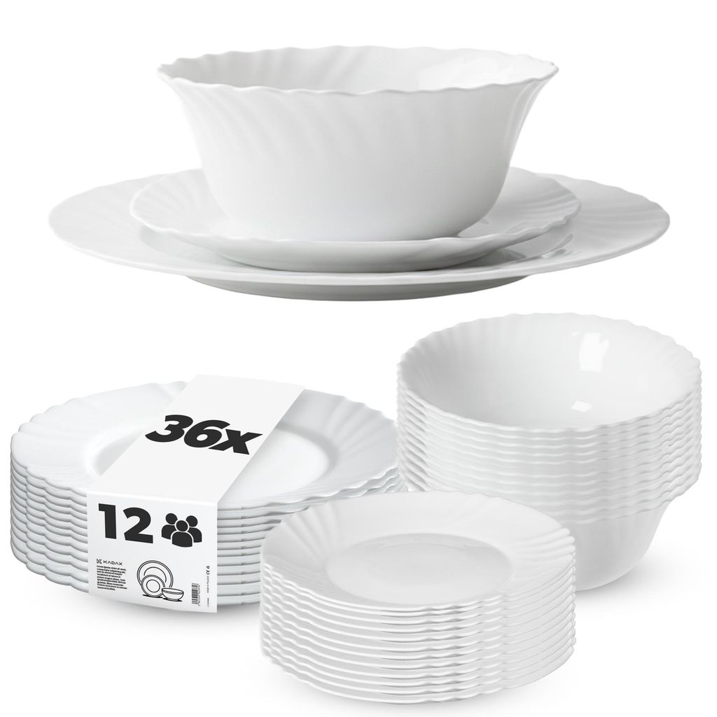 KADAX Geschirrservice 36-teilig, Geschirrset für 12 Personen, Tafelservice mit Müslischale, Dessertteller & Speiseteller, Tellerset aus Opalglas,...