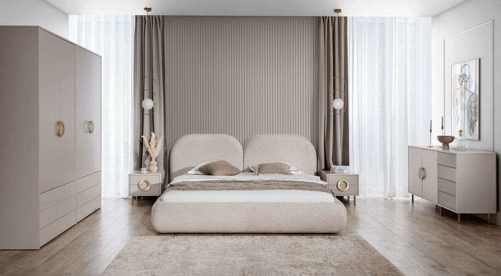 Beiges Schlafzimmer Set Doppelbett Kleiderschrank Kommode 2x Nachttische