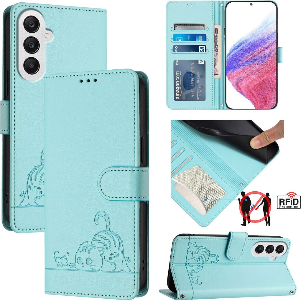 Leder Hülle für Samsung Galaxy A25 Süße Katze Flip Case Brieftasche Schutzhülle mit Standfunktion hellgrün