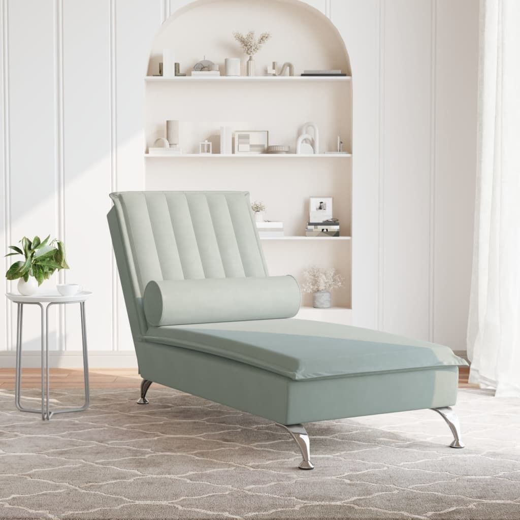 Möbel Massage-Chaiselongue Modernes Design - Liegesofa für Wohnzimmer - mit Nackenrolle Hellgrau Samt - 137x56x75 cm Top2388915