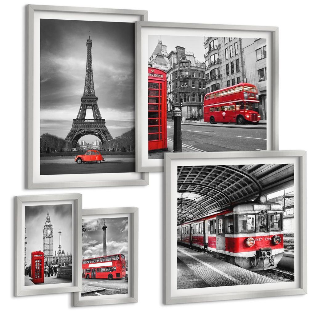 Bilder Set 5-teilig im silbergerahmten Rahmen – Wandbilder 5 Stück – gerahmte Poster für Wohnzimmer, Schlafzimmer und Flur – 50x50 cm - 40x...