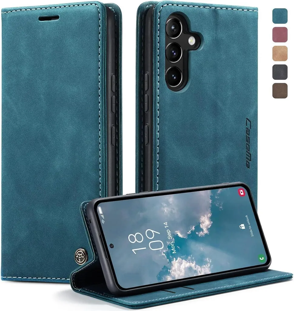 Housse Samsung Galaxy A54 5G double clapet en cuir premium bleu vert