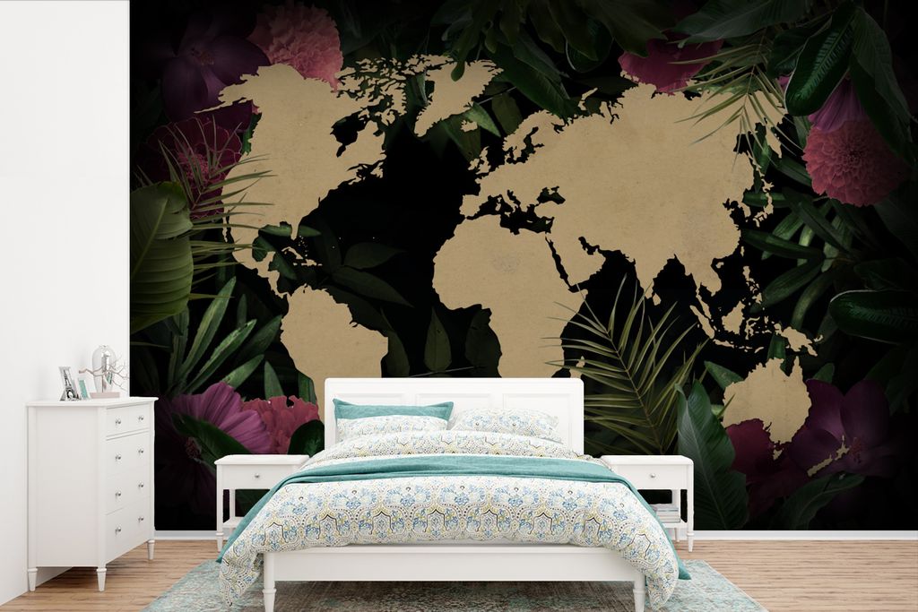 MuchoWow Fototapete für Wohnzimmer oder Schlafzimmer Wandtapete Vinyl Motivtapete Weltkarte - Blumen - Blätter - 525x350 cm - Das Hintergrundbild