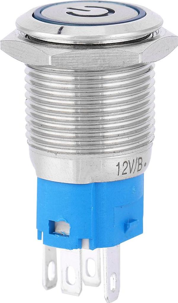 Blauer LED-Druckknopfring aus Metall mit flachem, rundem Kopf und Selbstrückstellungsfunktion sowie Stromsymbol, 16 mm (12 V)