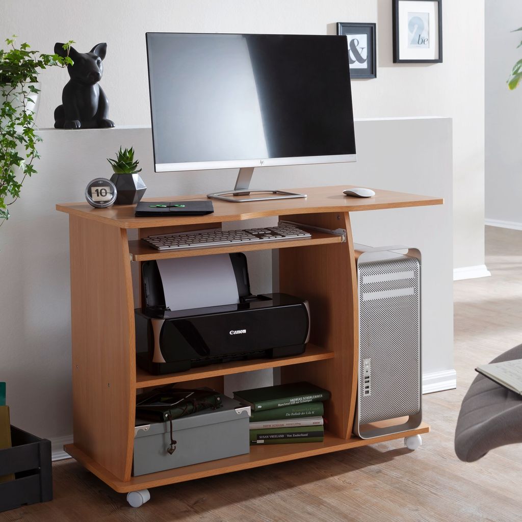 FineBuy Table d'ordinateur GRASSE à roulettes en hêtre 90 x Image du produit 
