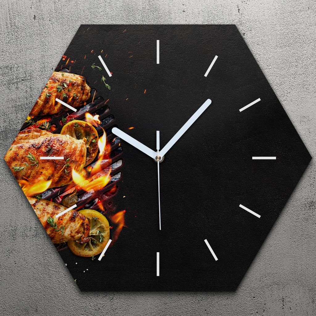 Uhr hexagonal 40 cm Glas Geräuschlos weiße Zeiger - Grill Huhn