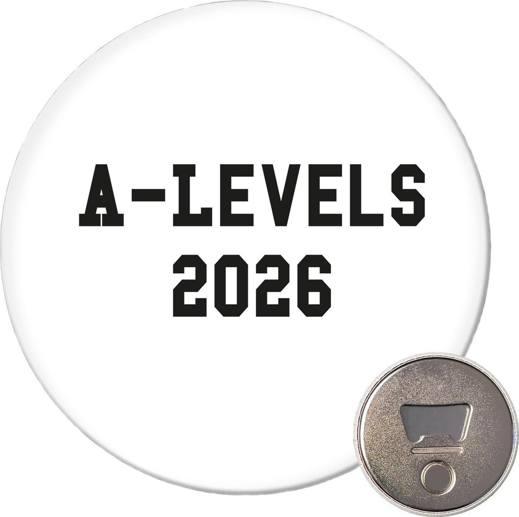 Huuraa Magnet A-Levels 2026 Abschluss Großbritannien 59mm Kühlschrankmagnet rund Flaschenöffner Geschenkidee
