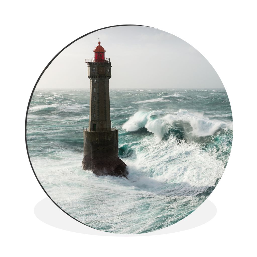 MuchoWow Aluminium Wandkreis Eine Welle hinter dem Leuchtturm von La Jument in Frankreich Ø 60 cm Wanddeko Modern Wohnzimmer - Wand Kreis - Wand...