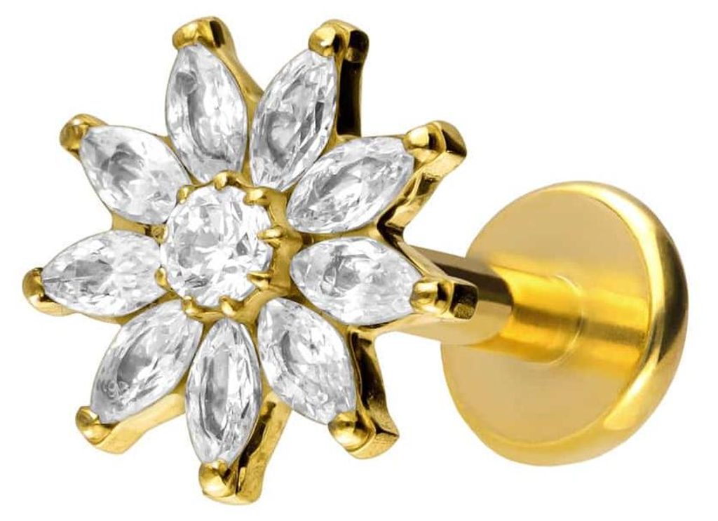 Ohrpiercing, Nasenpiercing Titan Labret mit Push Fit KRISTALLBLUME Gold Stablänge: 7mm | Stabstärke: 1,2mm
