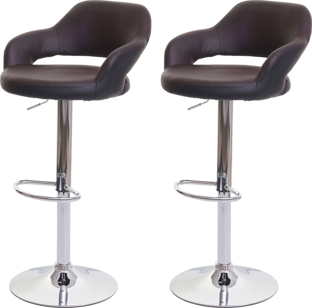 Two brown and black bar stools with silver bases and stems are shown against a white background.