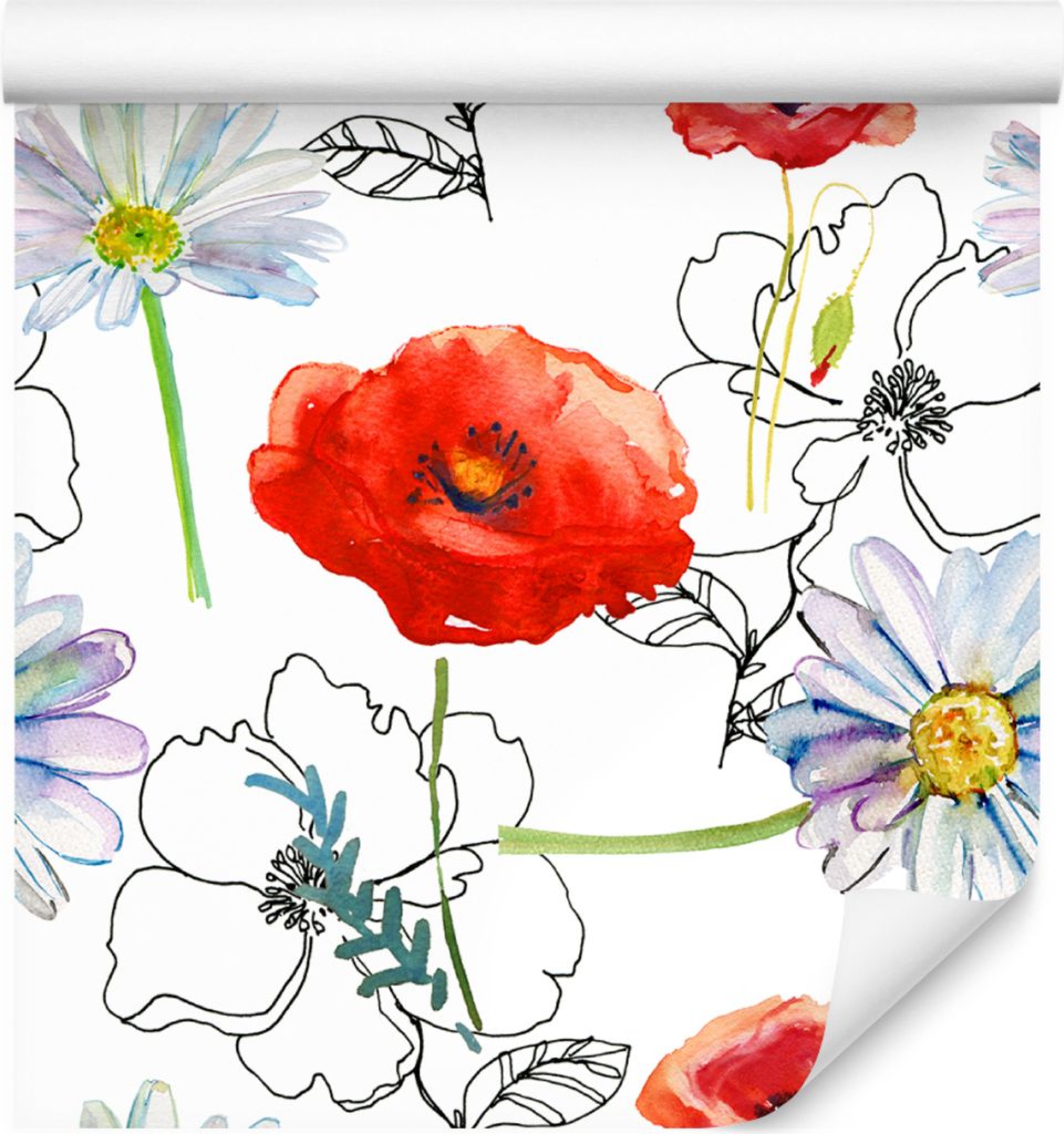 10m VLIES TAPETE Rolle Natur Flora Mohnblumen Wiese Gemalt Aquarell XXL