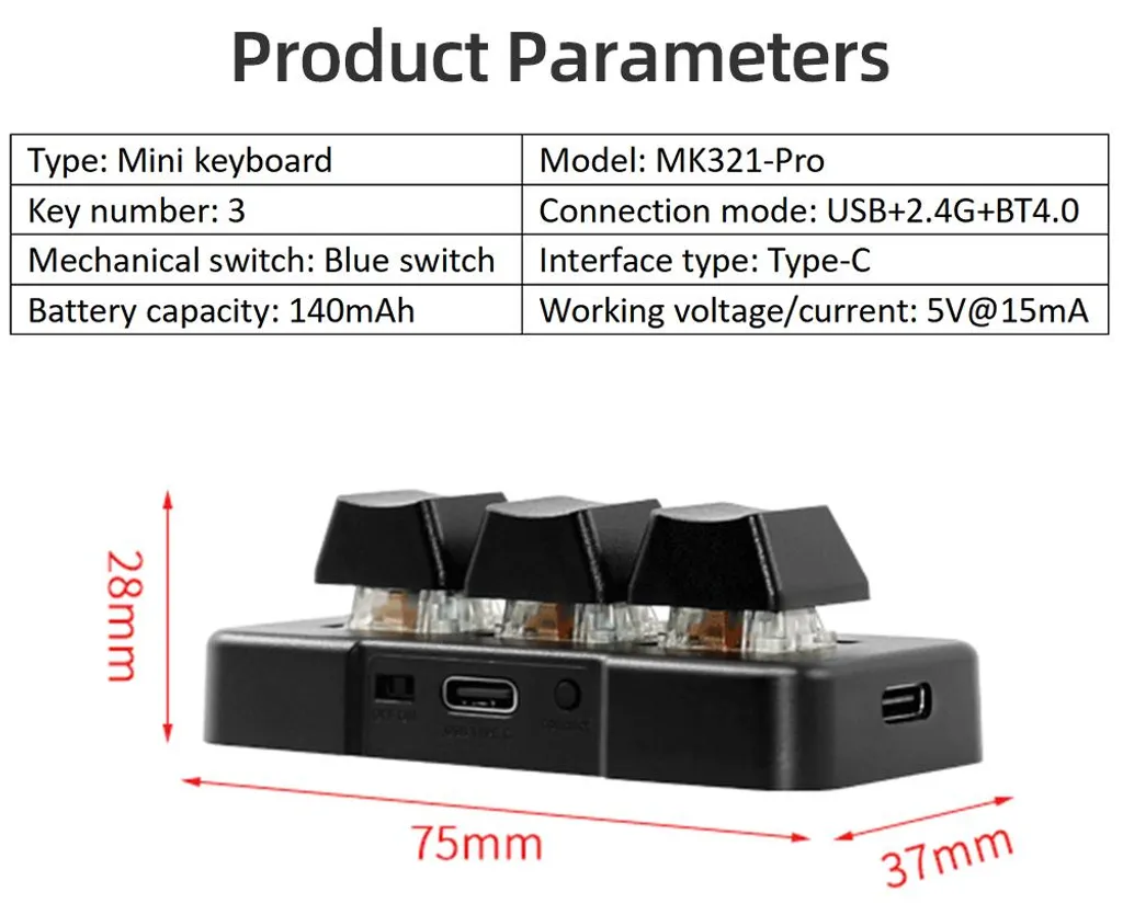 Clavier 3 touches programmables MK321-Pro commutateurs bleus et Bluetooth