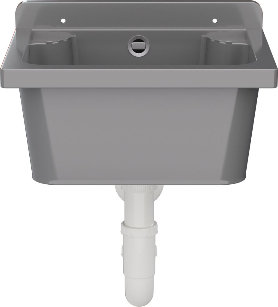 A gray sink with a white drain pipe attached, shown from the front against a white background.