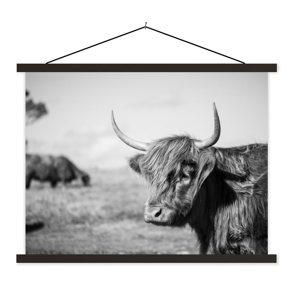 MuchoWow Textilposter Schottischer Highlander - Tiere - Schwarz - Weiß 40x30 cm mit schwarzem Rahmen - Dekorationen