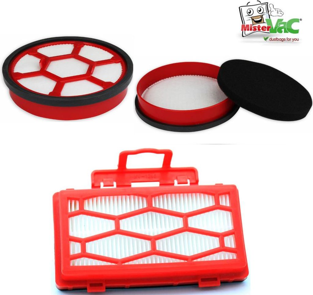 Three vacuum cleaner filters are displayed against a white background. The top left shows a round filter with a red frame and a white honeycomb pattern. To its right, a similar round filter is shown disassembled with its lid. Below is a rectangular filter 