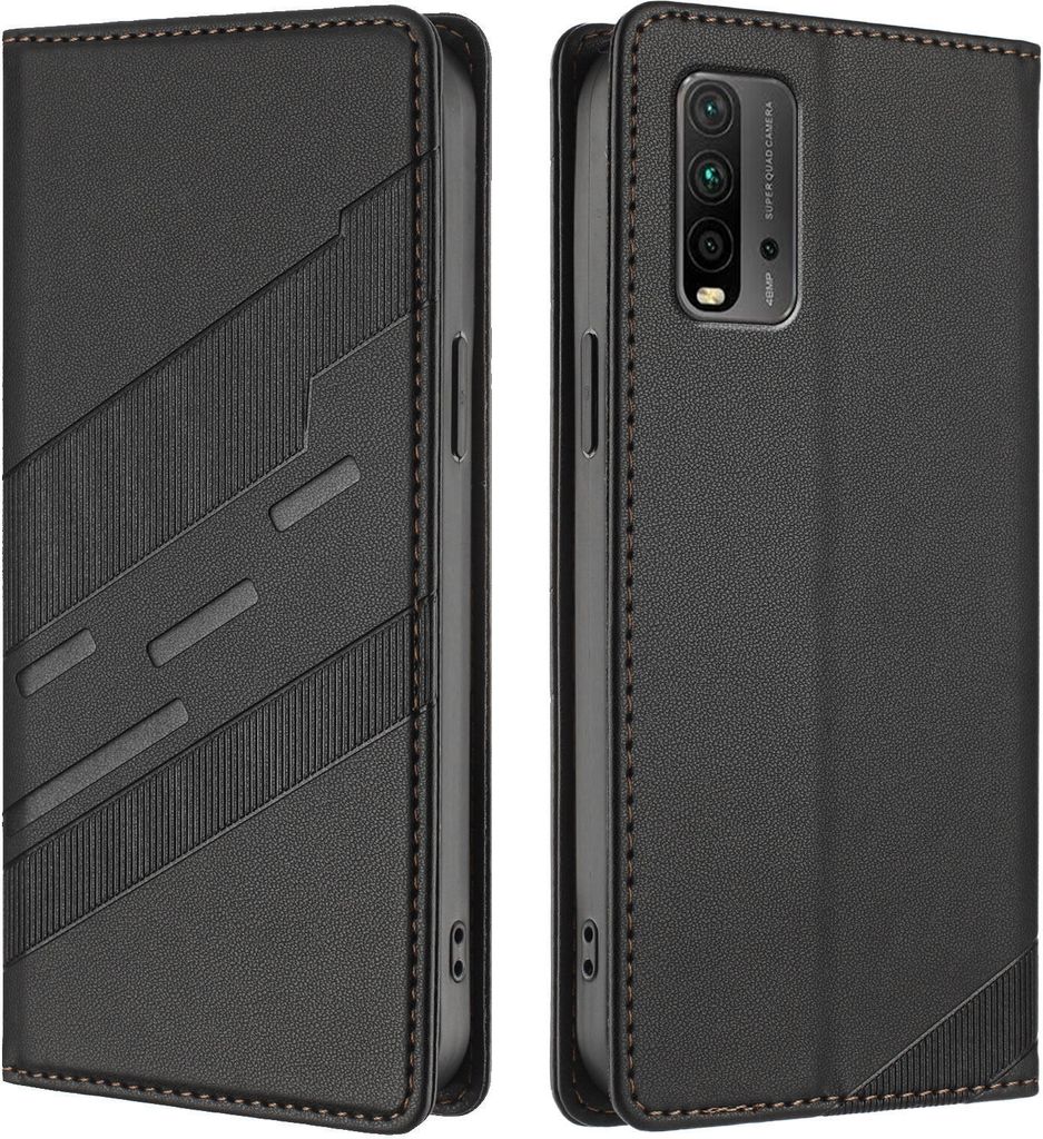 Hülle für Xiaomi Redmi 9T/Poco M3, Kunstleder Brieftaschen Handyhülle mit Kartenfach und Standfunktion Schwarz