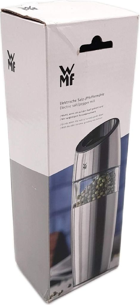 The image shows the packaging of an electric salt and pepper mill.