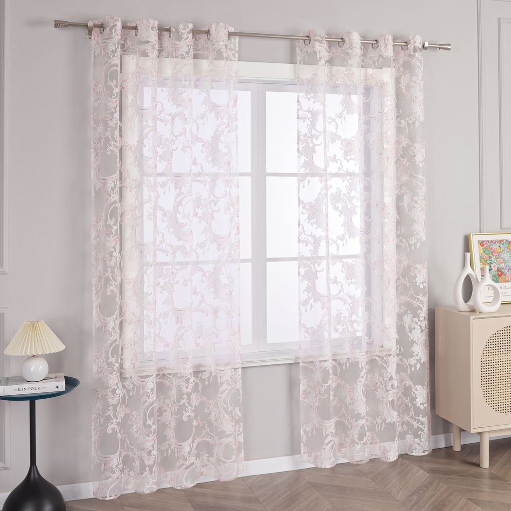 Joyswahl Vorhang Ausbrenner Ösenschal Voile Gardine mit Ösen Transparent mit Phönixblütenmuster Schlafzimmer Wohnzimmer, Pink HxB 175x140cm, 1 ...