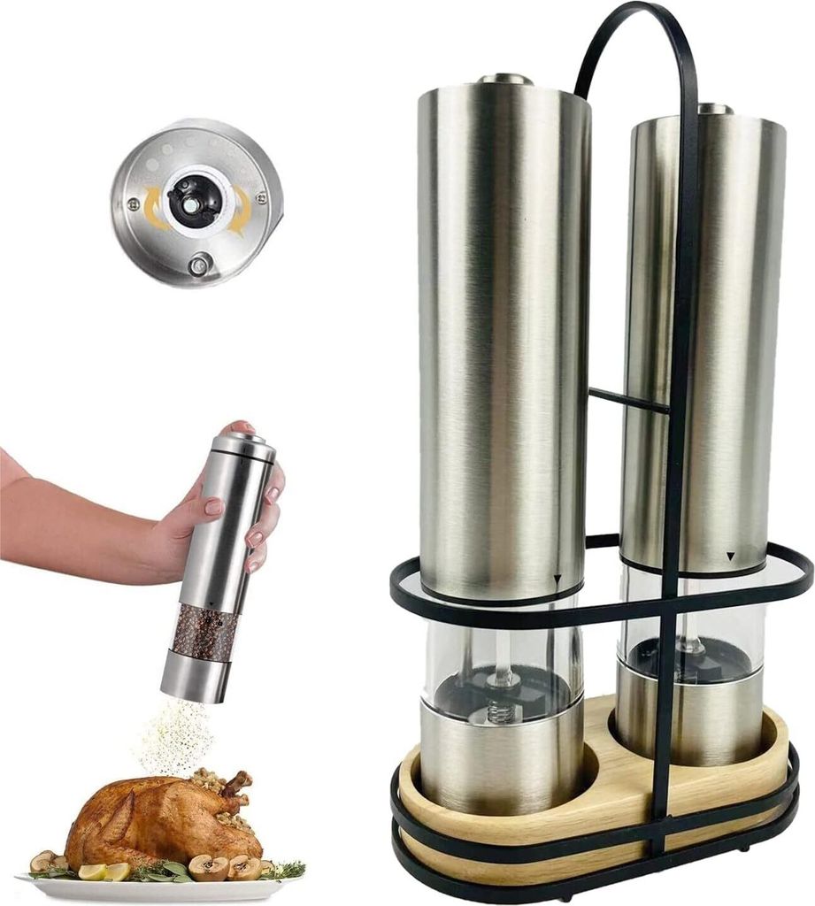 ZELURXX 2 Stk Salz und Pfeffermühle set, Elektrisch Gewürzmühle, Schleifen auf Knopfdruck, Einstellbares Schleifen, mit Aufbewahrungsbügel, Silber