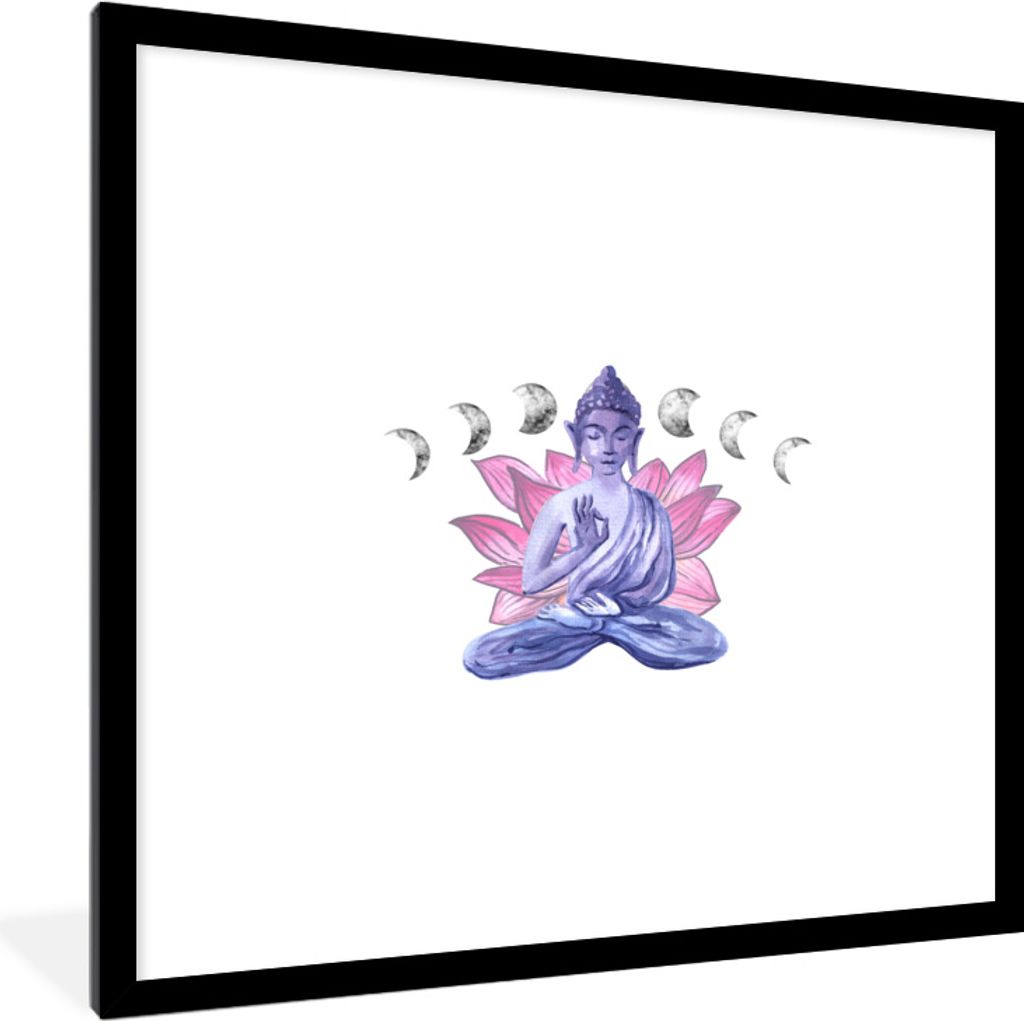 MuchoWow MuchoWow Gerahmtes Poster Buddha - Blumen - Planeten 40x40 cm - Poster mit zchwarzem Bilderrahmen - Poster - Plakat im Rahmen