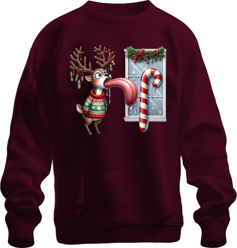 Weihnachtsrentier lange Zunge Zuckerstange lustig Eiszapfen ugly Uni Sweatshirt Pullover, Burgundy, 3XL