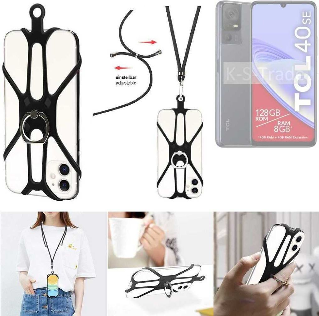 K-S-Trade 3in1 Handykette Handyband Handykordel Halsband Smartphone-Ring Handy-Ring kompatibel mit TCL 40 SE Fingerhalterung Handyring Tischständer