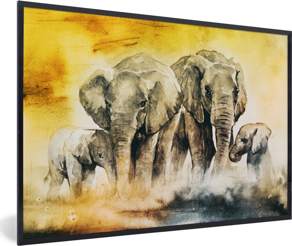 MuchoWow MuchoWow Gerahmtes Poster Elefant - Aquarellfarbe - Familie 60x40 cm - Poster mit zchwarzem Bilderrahmen - Printing - Wanddeko Schlafz...