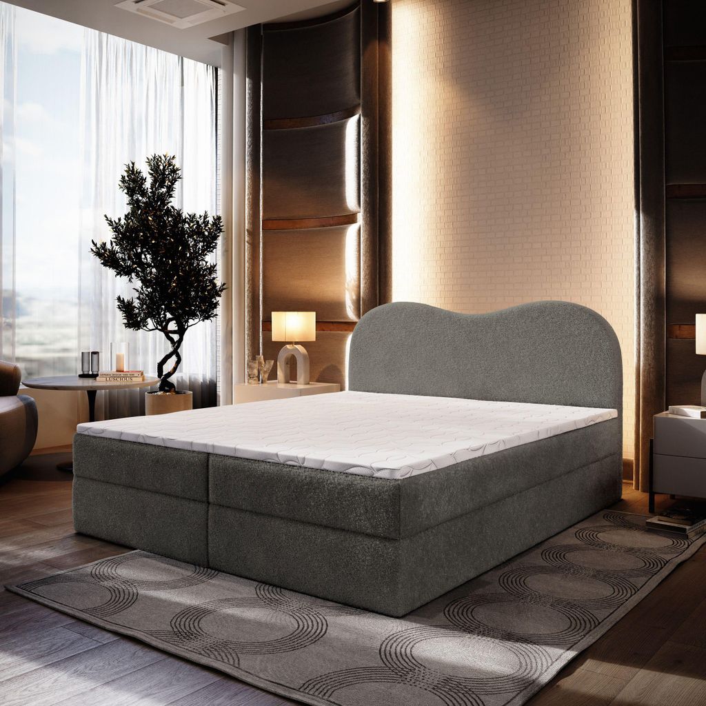 Masseno Boxspringbett FLUVIA N 140x200 cm Komplett-Set mit Bonell Matratze und Topper, Polsterbett mit Bettkästen -Grau, NOW OR NEVER 92