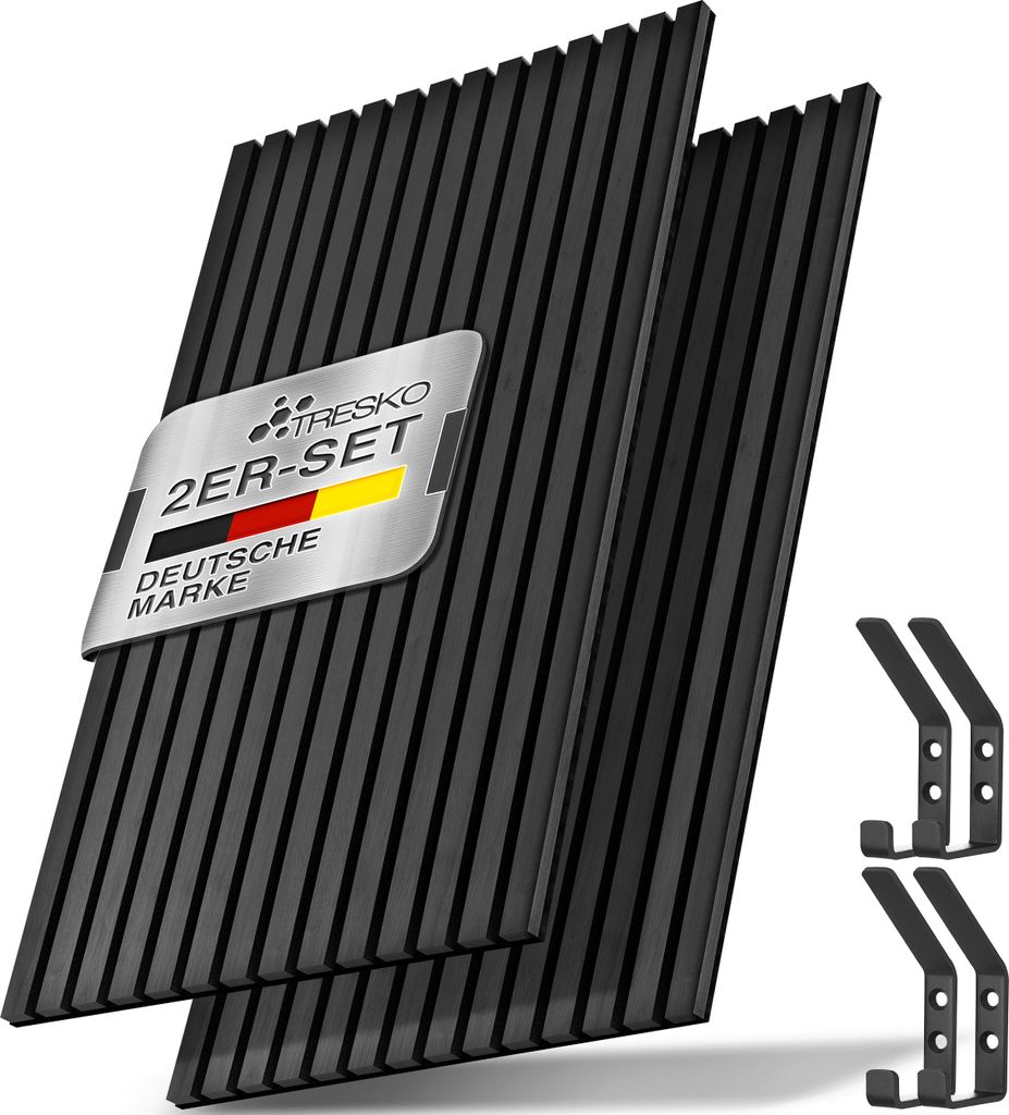 TRESKO 2 Stück Akustikpaneele Holz 120×60 cm inkl. 4x Kleiderhaken | Wandverkleidung Eiche Schwarz als 3D Lamellenwand | Holzpaneele Paneele f...