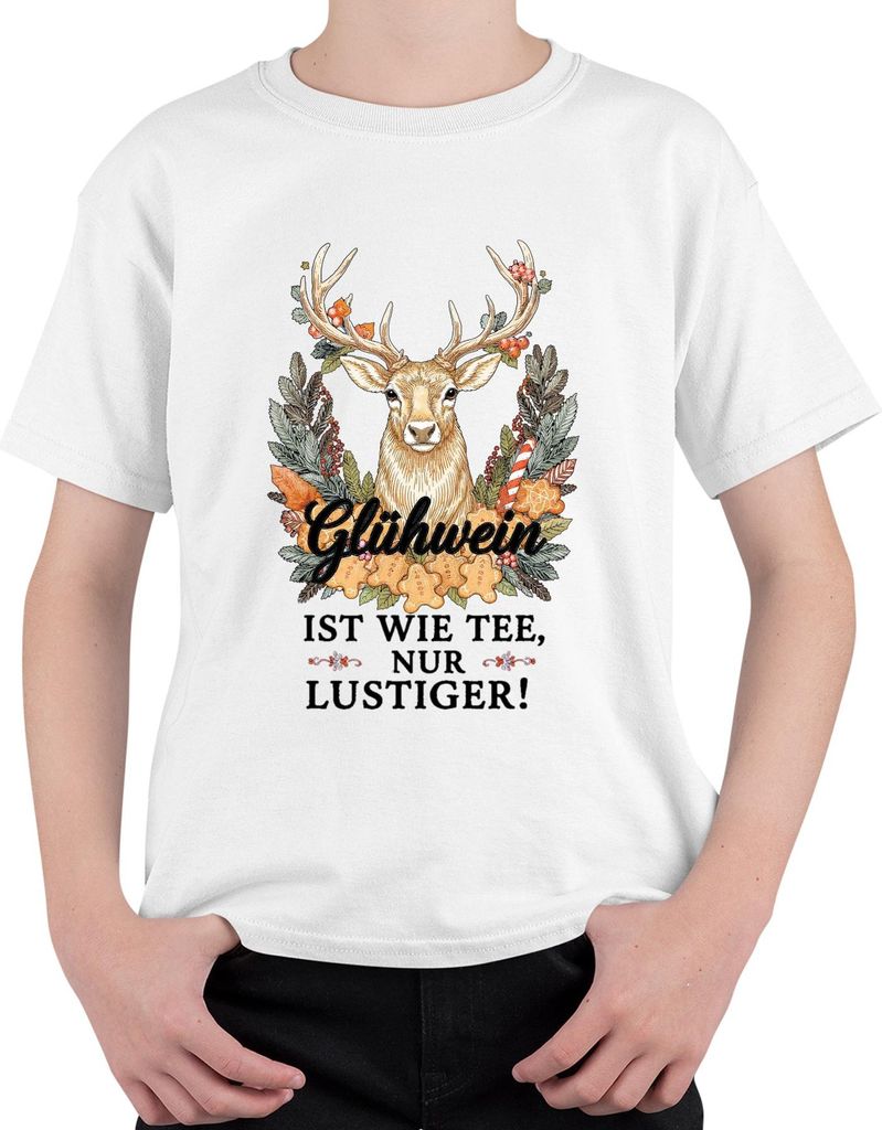Glühwein ist wie Tee nur viel lustiger Weihnachten Retro Hirsch Uni Kinder T-Shirt, Weiß, 116