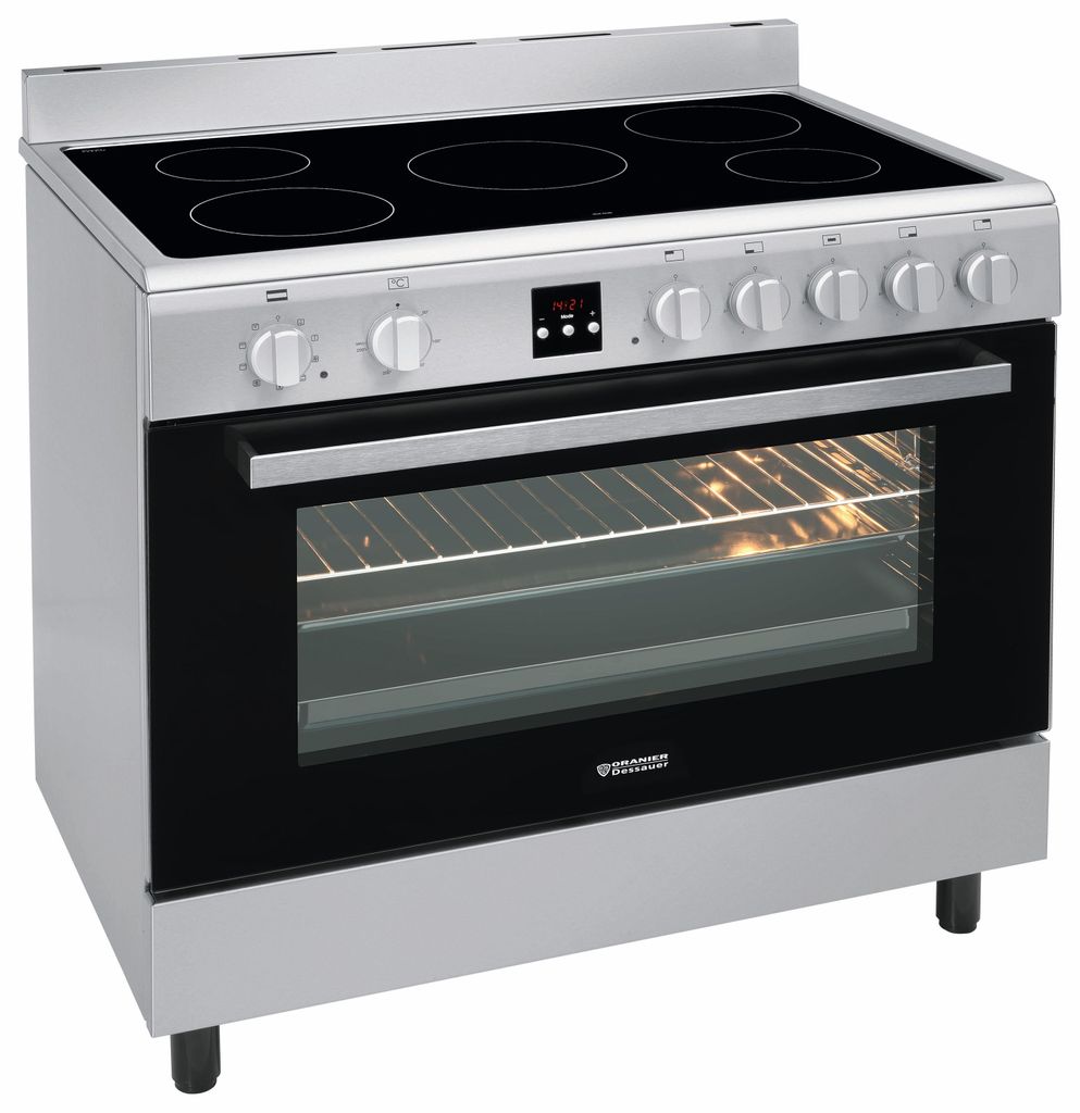 A silver and black electric stove with an oven is shown from a front-facing angle against a white background.