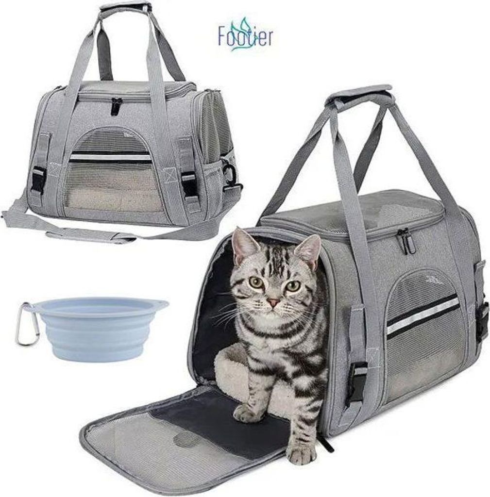 Haustier-Tragetasche für Hunde und Katzen – Oxford-Gewebe – 43 x 25 x 28 cm, inklusive ausziehbarem Napf – Grau