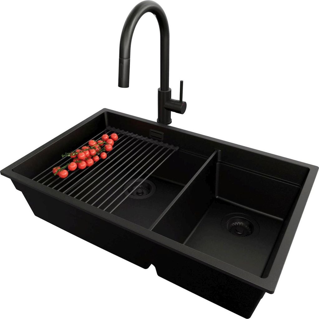 PRIMAGRAN Granitspüle Alles Schwarz 76x47cm, Spülbecken 2 Becken + Ablauf-Set + Küchenzubehörset, Küchenspüle ab 80er Unterschrank - Praga Sl...