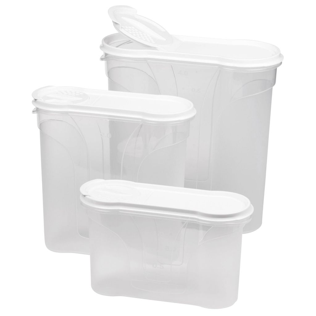 Novaliv Schüttdosen 3er SPARSET Vorratsdosen zum Streuen 4l + 2,4l + 1,3l Dosen mit Deckel für Müsli Mehl Zucker Dosen Küchen Organizer Food Bo...
