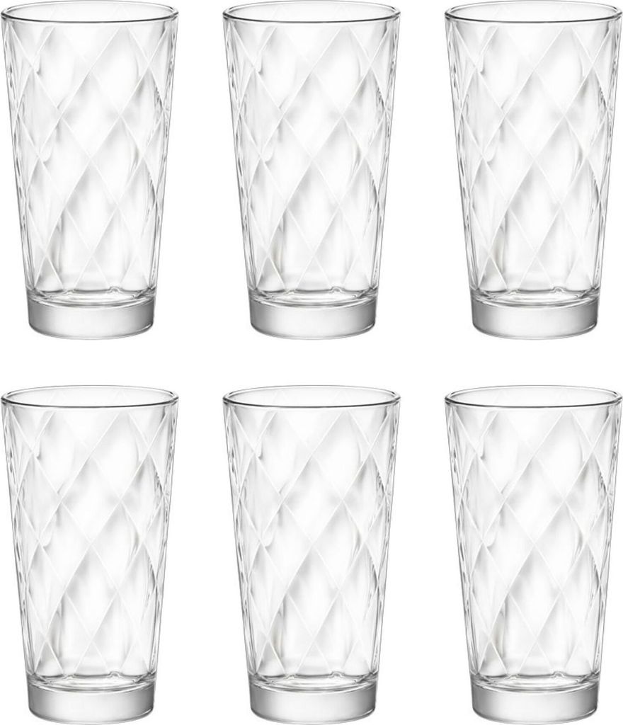 Six clear glasses arranged in two rows of three on a white background.